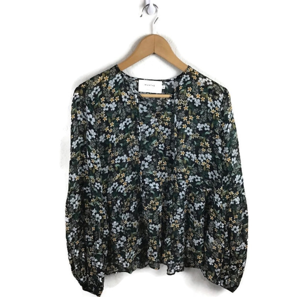 Munthe Floral Long Sleeve Blouse 36 Blue Green White Yellow